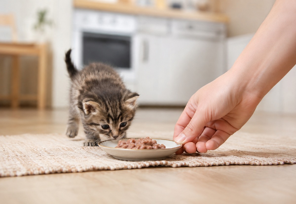Котёнок ест корм из миски